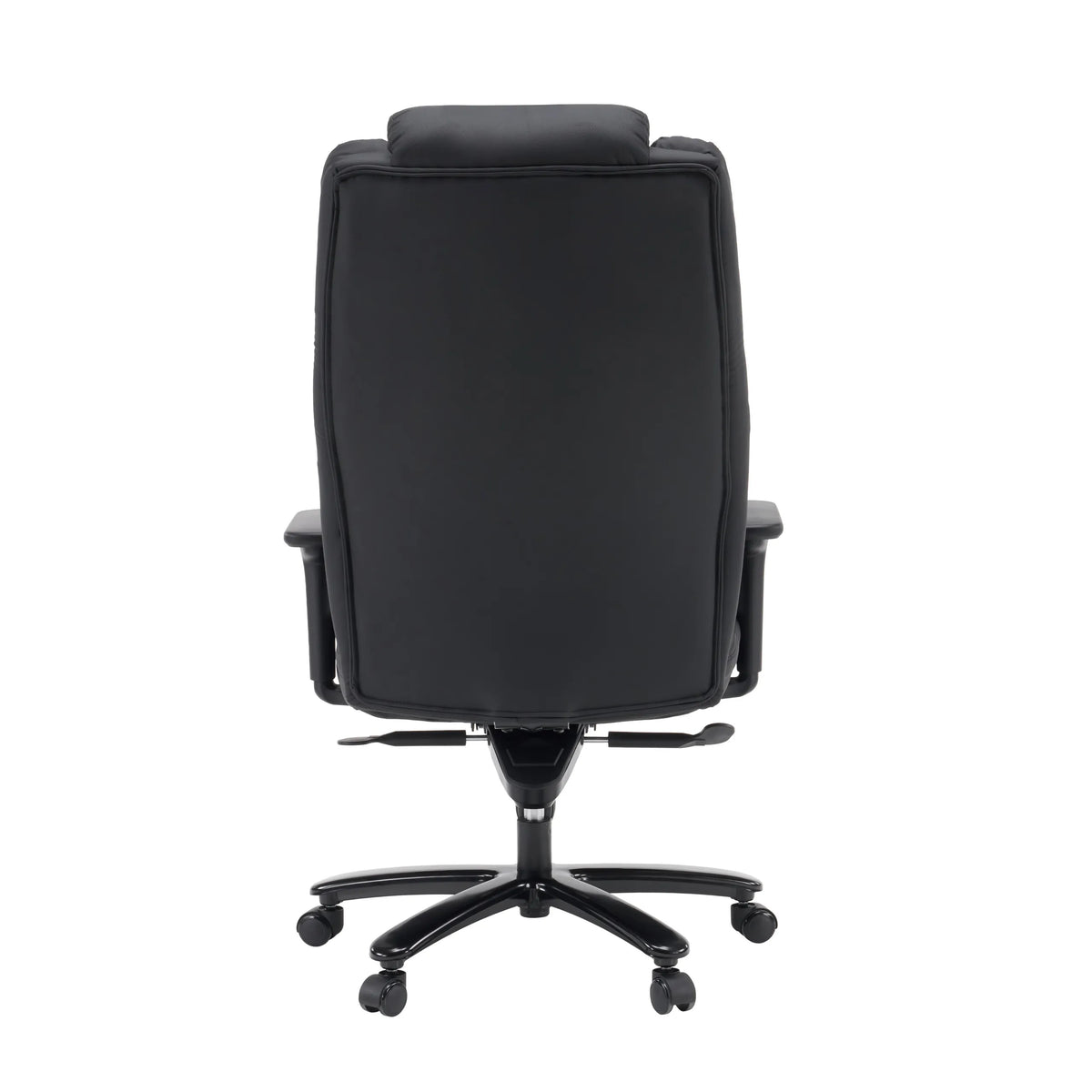 Vista posteriore della sedia girevole XXL Pullmann Gen2 in ecopelle nera con cinque doppie rotelle di hjh OFFICE