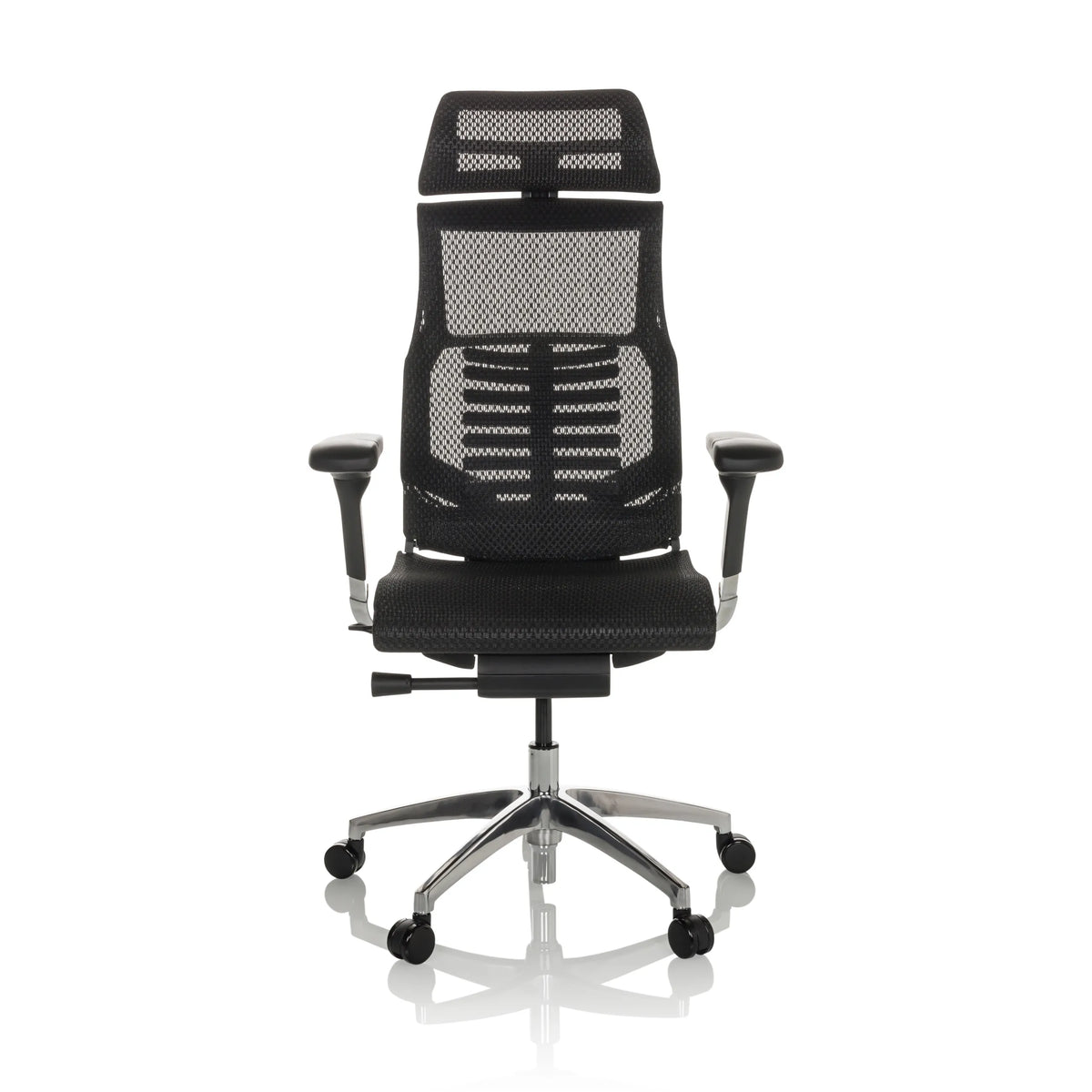 High-end Sedia da ufficio POFIT GEN2 nera con schienale in rete e base a cinque ruote di hjh OFFICE – vista a 360° (vista frontale 0°)
