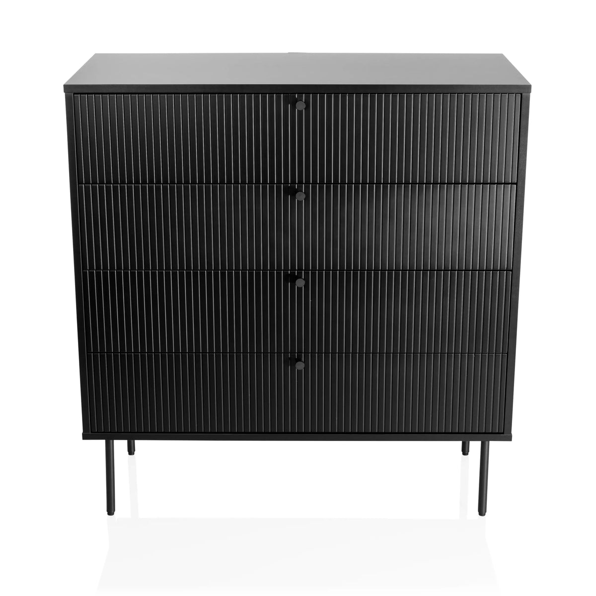 Cassettiera nera KARBY K con quattro cassetti scanalati e gambe sottili di hjh LIVING – vista a 360° (vista frontale 0°)
