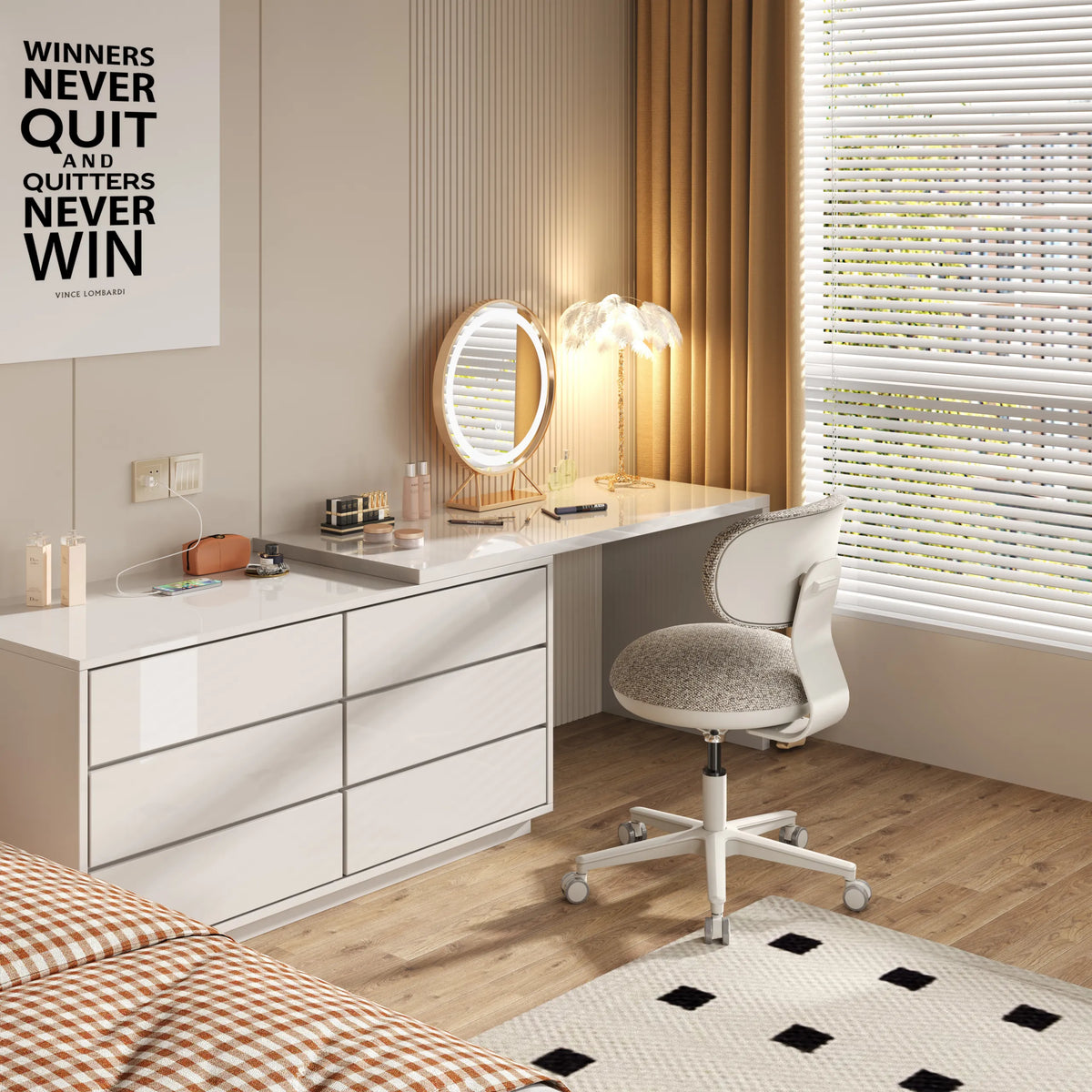 Sedia Home Office SITMOTION W grigia con ruote davanti a un tavolo da trucco bianco di hjh OFFICE