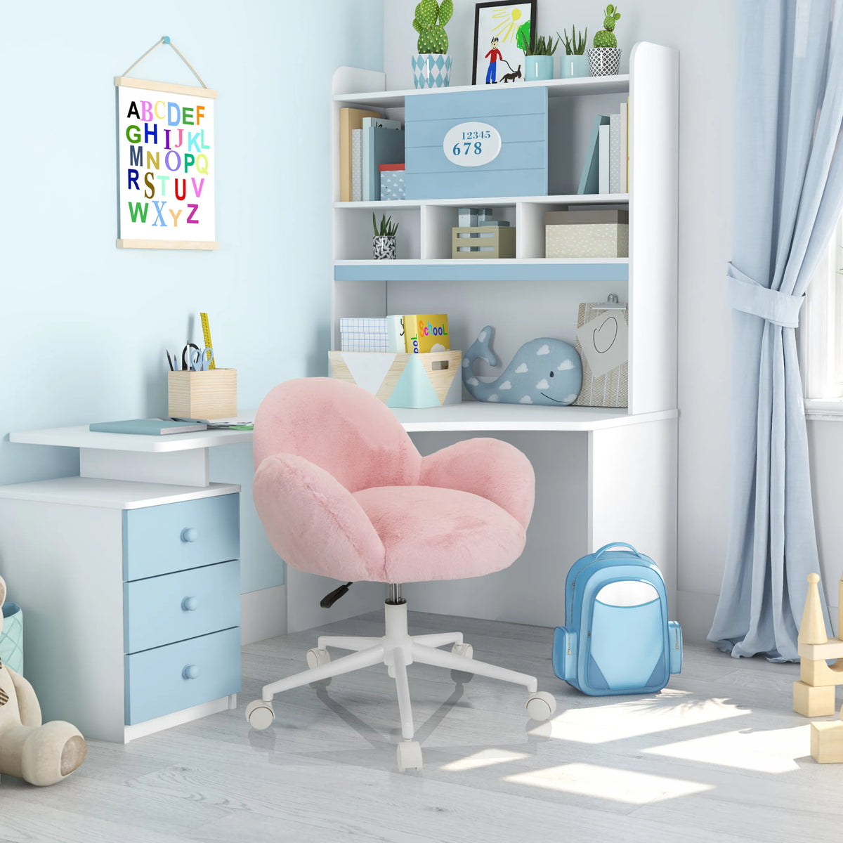 Sedia girevole per bambini KID TEDDY rosa con rivestimento soffice e base a stella bianca su ruote di hjh OFFICE
