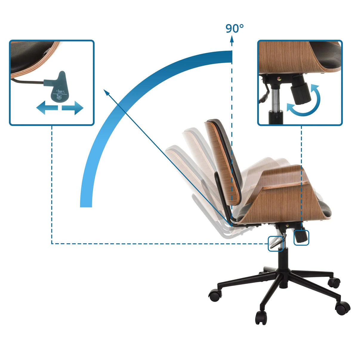Regolazione dell'inclinazione fino a 90 gradi e leva di comando della Sedia Home Office CENCA II di hjh LIVING