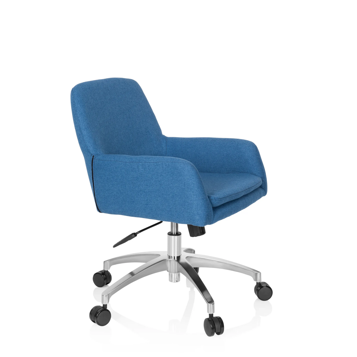 Sedia Home Office SHAKE 400 blu con braccioli e base a cinque ruote di hjh OFFICE – vista a 360° (vista frontale a tre quarti 60°)