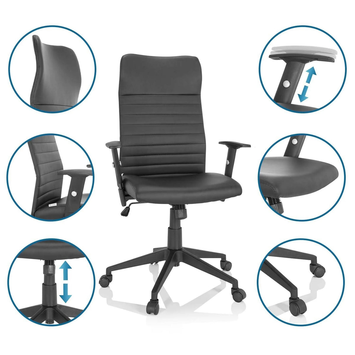 Sedia Home Office ARTON 30 nera con viste dettagliate della regolazione dell'altezza e delle rotelle di hjh OFFICE