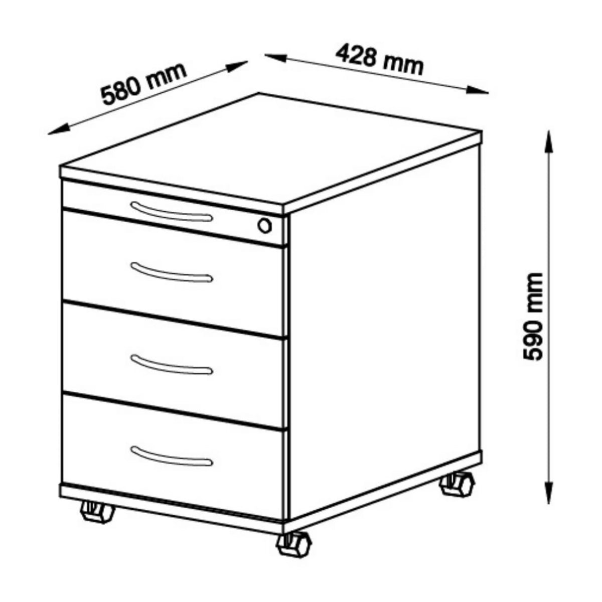 Technische Zeichnung des System Rollcontainers SIGNA AC30 mit 580 × 428 mm von hjh OFFICE PRO