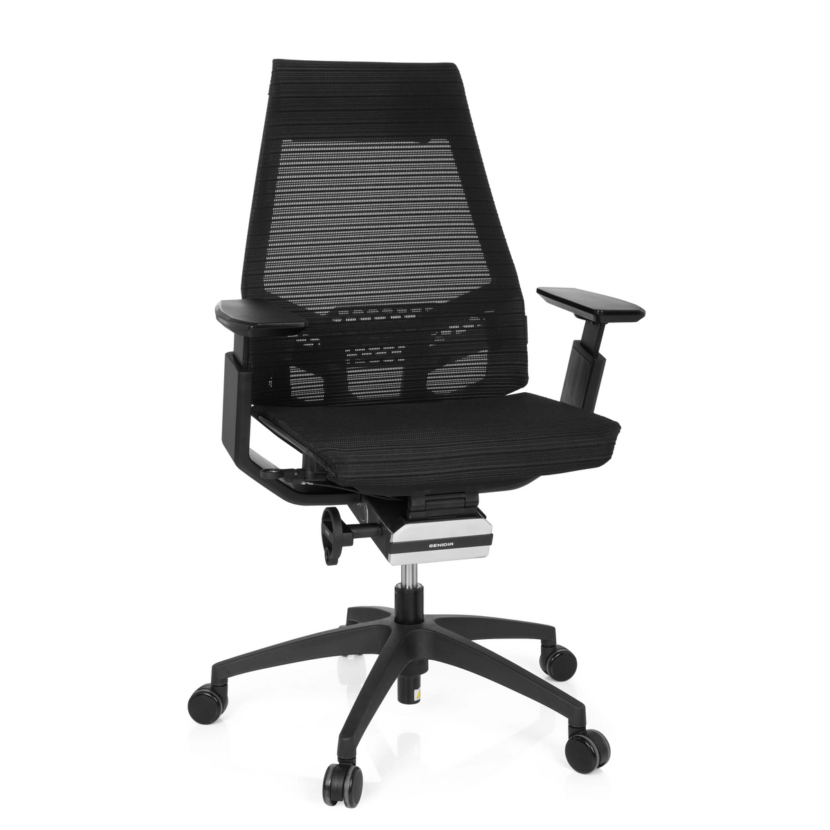 Sedia da ufficio professionale GENIDIA SMART BLACK nera con schienale in rete e base a cinque ruote di hjh OFFICE – vista a 360° (vista frontale 20°)