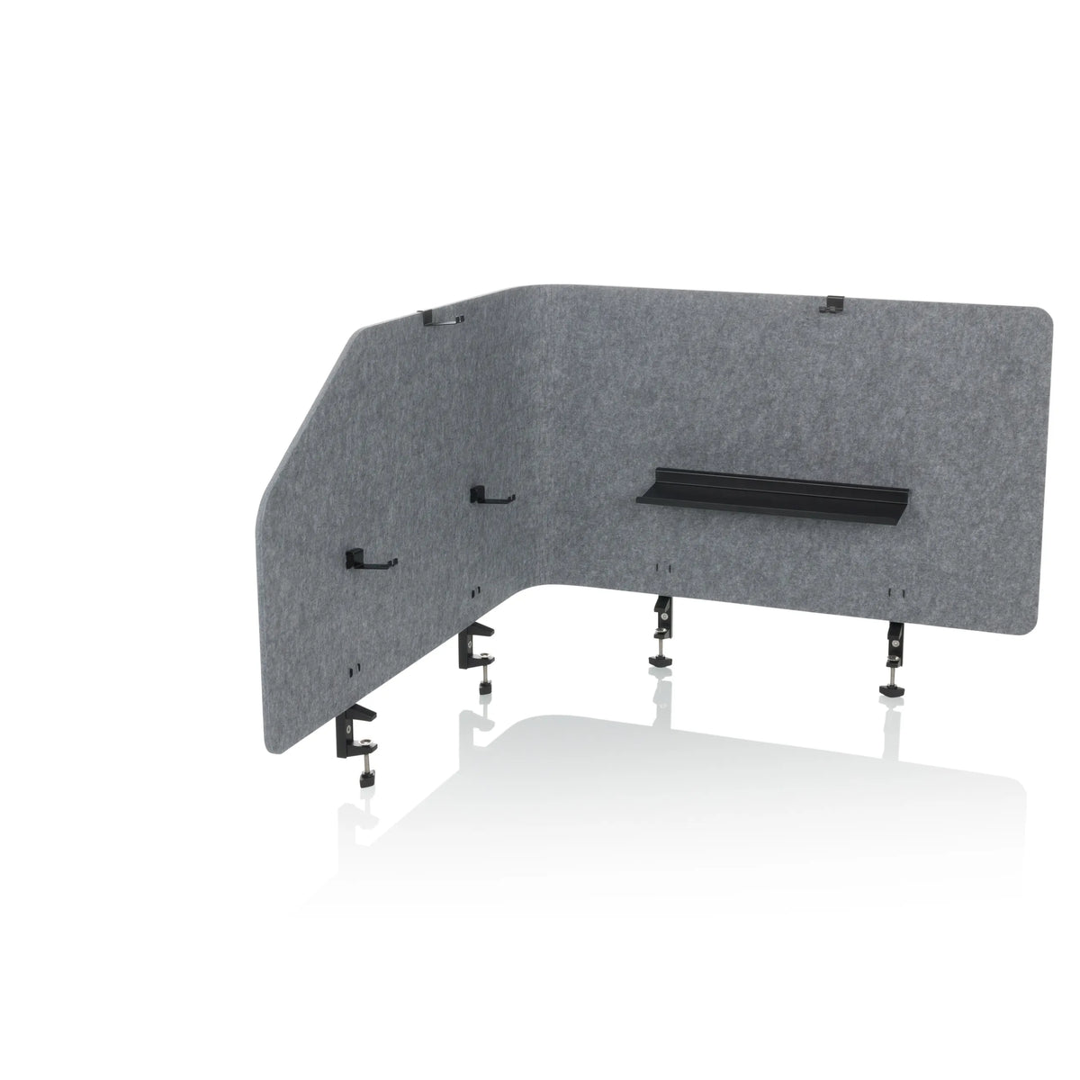 Divisorio per scrivania FLEXMIUT T TOP grigio con ripiano integrato e morsetti di fissaggio di hjh OFFICE – vista a 360° (vista frontale 15°)