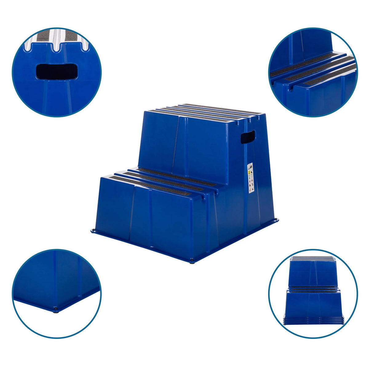 Sgabello blu TIO-E2 con due gradini, superfici antiscivolo e apertura per la maniglia di hjh OFFICE