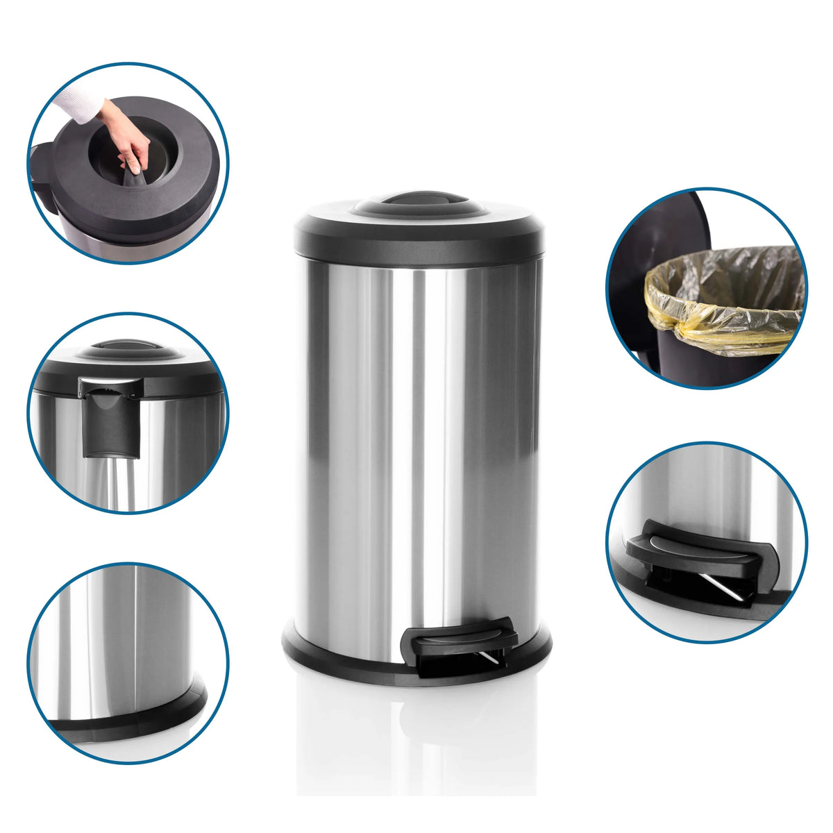 Cestino CLEAN X in argento con pedale, coperchio rimovibile e sacchetto per rifiuti in plastica di hjh OFFICE