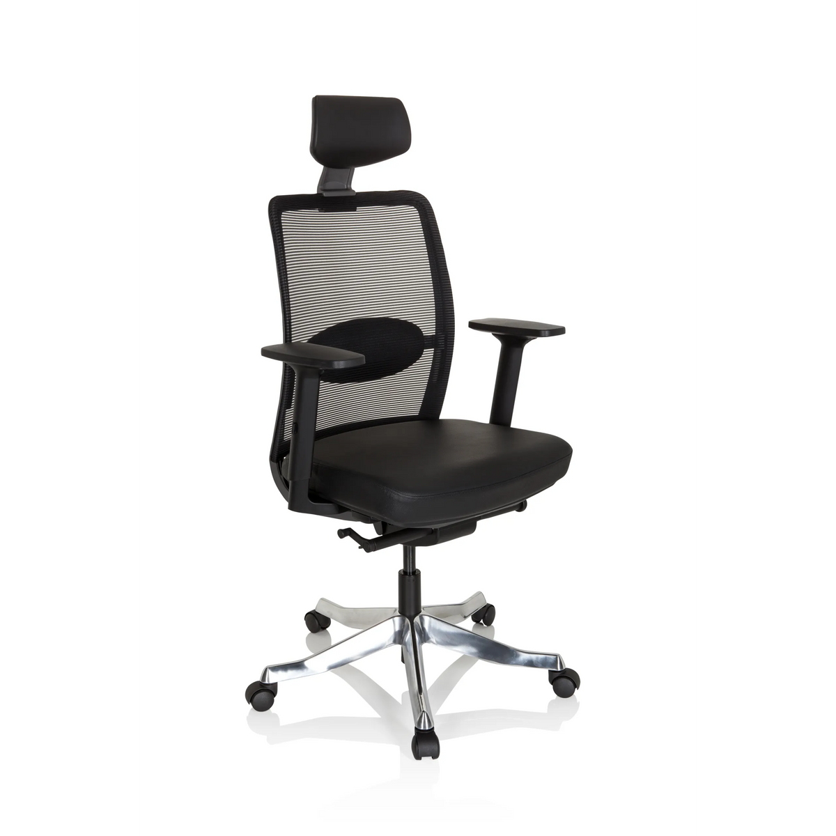 Poltrona di lusso SENATOR PRO nera con schienale in rete, poggiatesta e base a cinque ruote di hjh OFFICE – vista a 360° (vista frontale a tre quarti 40°)