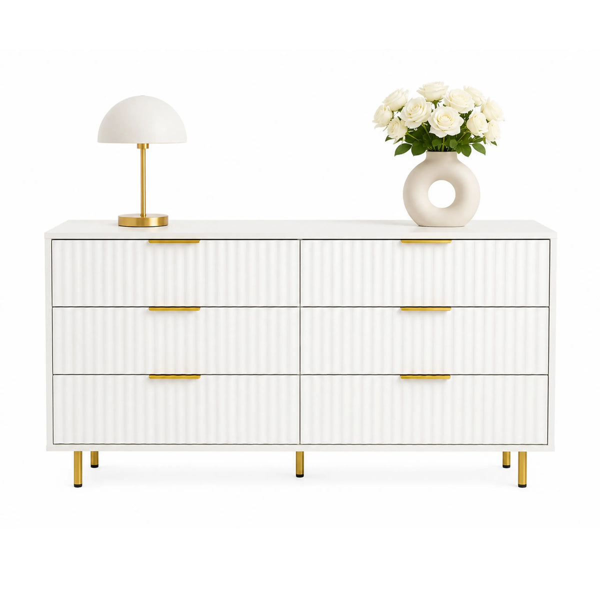 Weißes Sideboard HJELLE mit sechs Schubladen, Riffellook und goldenen Füßen von hjh LIVING