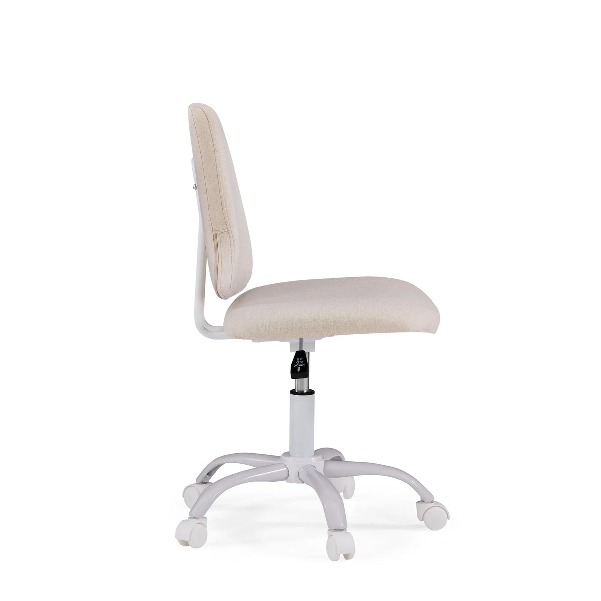 Vista laterale della sedia girevole per bambini Lumikid in beige con base a stella bianca e rotelle di hjh OFFICE