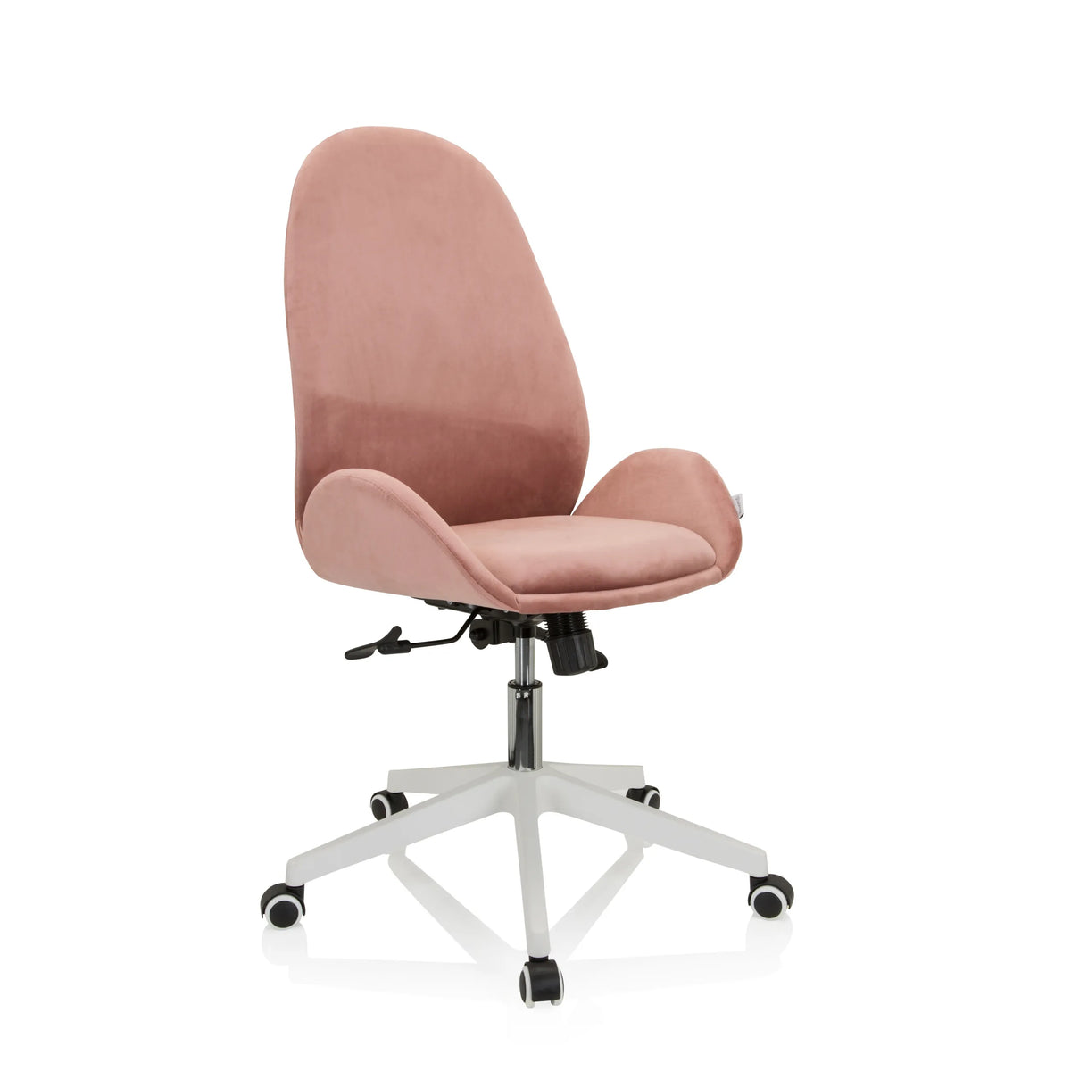 Sedia Home Office AVEA rosa con braccioli e base bianca a cinque ruote di hjh OFFICE – vista a 360° (vista frontale a tre quarti 40°)