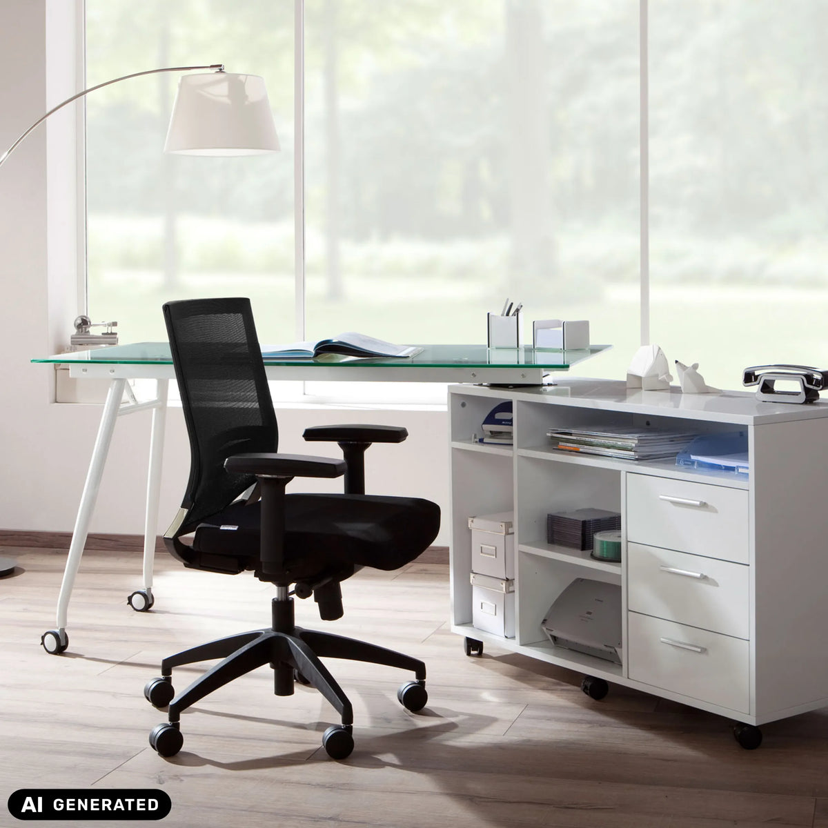 Sedia da ufficio professionale PORTO BASE in nero con schienale in rete e braccioli di hjh OFFICE (immagine generata dall’IA)