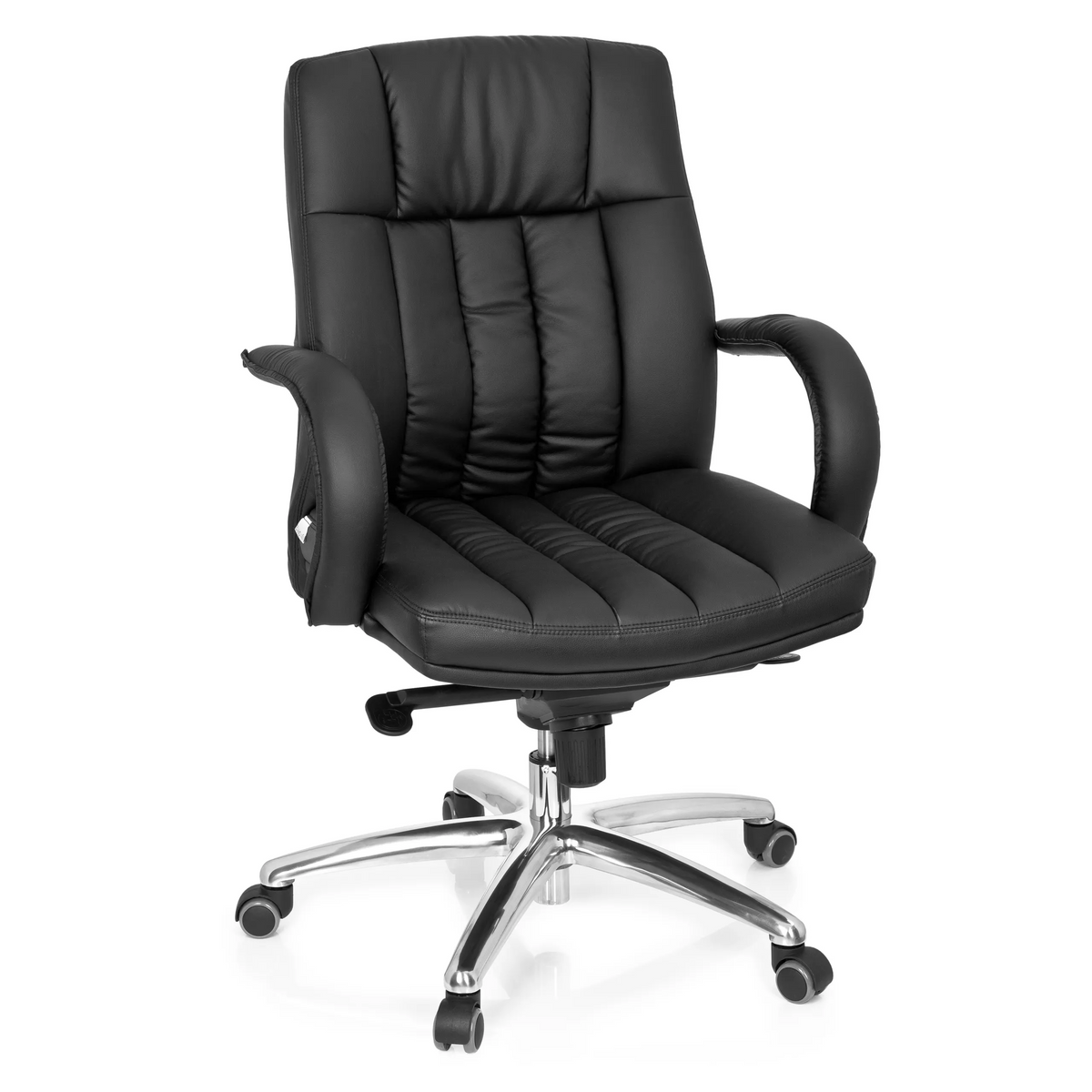 Sedia girevole XXL G 100 nera con imbottitura trapuntata e base a cinque ruote di hjh OFFICE – vista a 360° (vista frontale 20°)