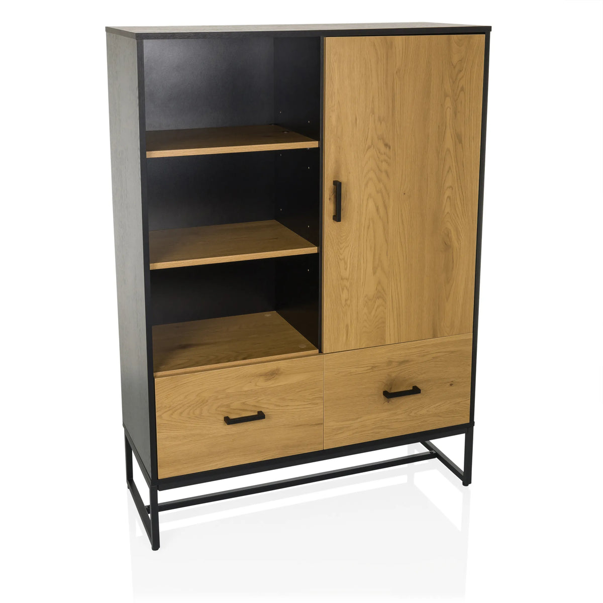 Classificatore AMIO H color rovere nero con due cassetti, un'anta e ripiani aperti di hjh LIVING – vista a 360° (vista frontale 15°)