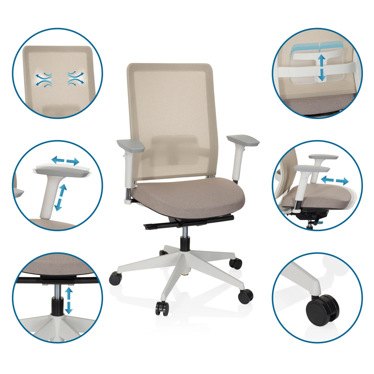 Funzioni regolabili della Sedia da ufficio professionale PURE WHITE in beige di hjh OFFICE