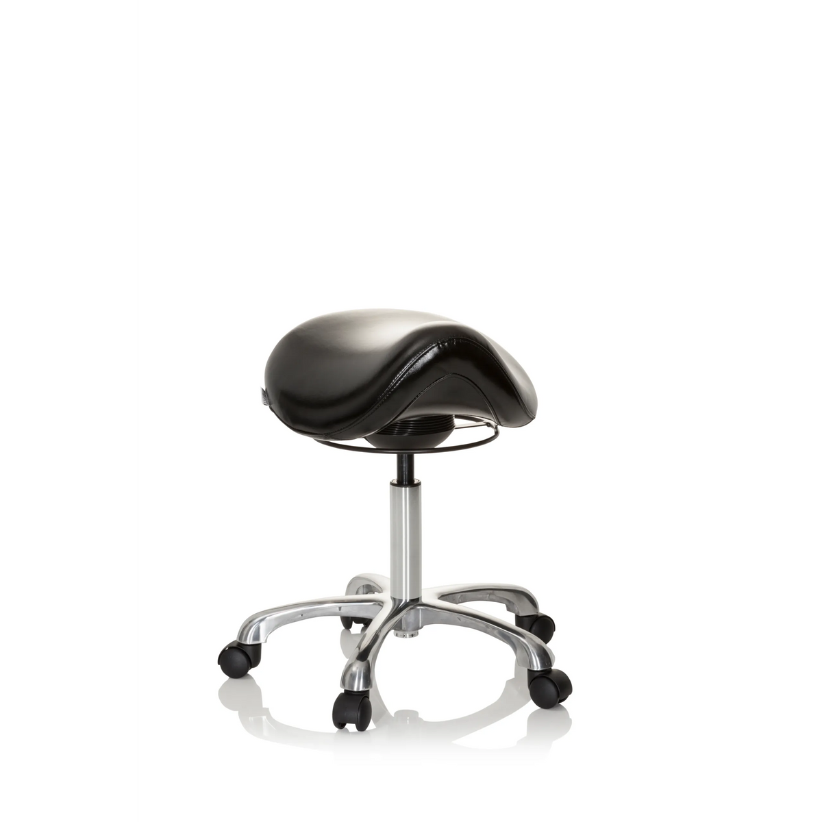 Sgabello a sella ORTHO SIT nero con crociera per i piedi e cinque ruote di hjh OFFICE – vista a 360° (vista frontale 20°)