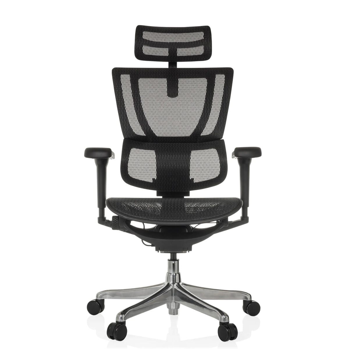 Schwarzer Luxus-Chefsessel ERGOHUMAN SLIM ULTRA GEN2 mit Netzrücken und Fußkreuz mit fünf Rollen von hjh OFFICE – 360-Grad-Ansicht (Frontansicht 0°)