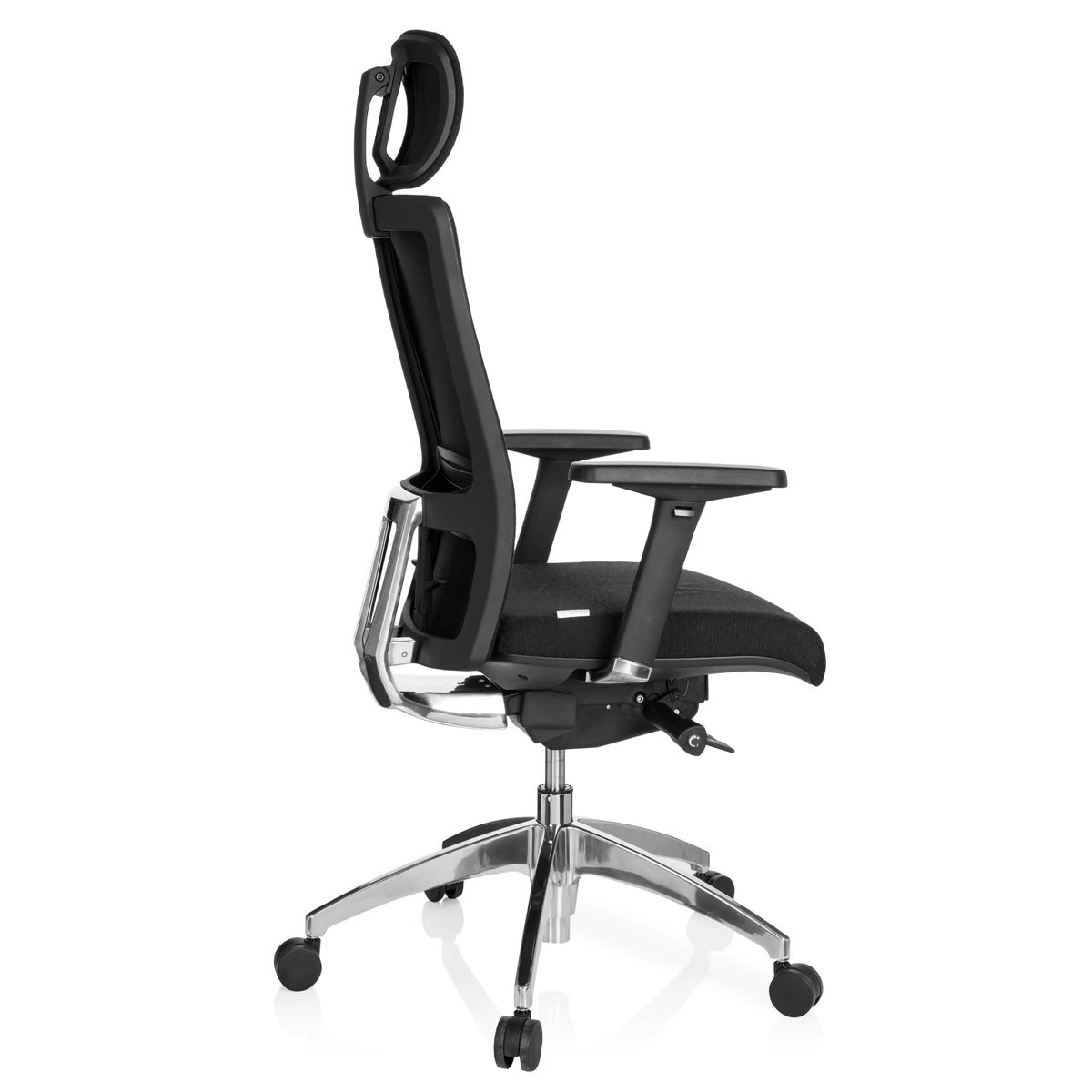 Sedia da ufficio professionale ASTRA LUX nera con poggiatesta, braccioli e base a cinque ruote di hjh OFFICE – vista a 360° (profilo laterale 100°)