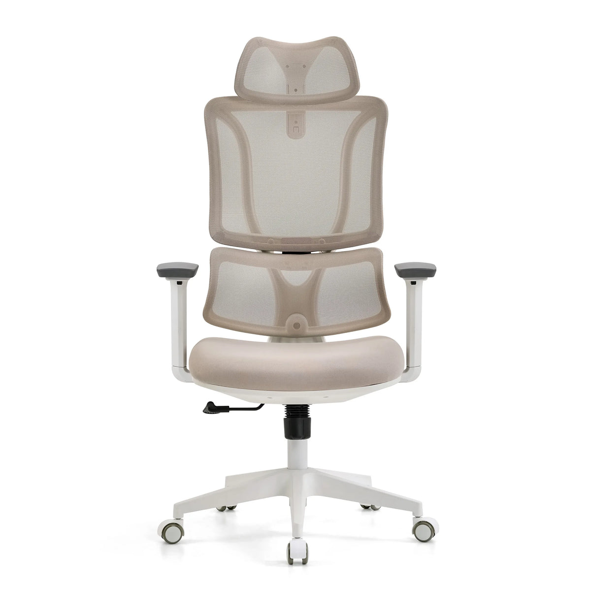 Sedia da ufficio professionale ERGOMY W beige con schienale in rete e base bianca a cinque ruote di MyBuero – vista a 360° (vista frontale 0°)