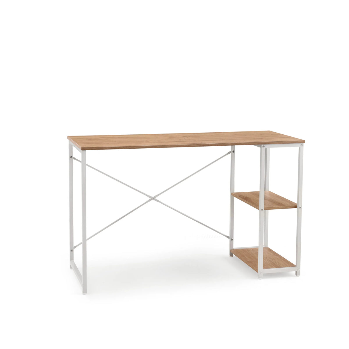 Scrivania Easy Up2 in bianco e rovere con scaffale integrato e rinforzo a X di hjh LIVING – vista a 360° (vista frontale 15°)