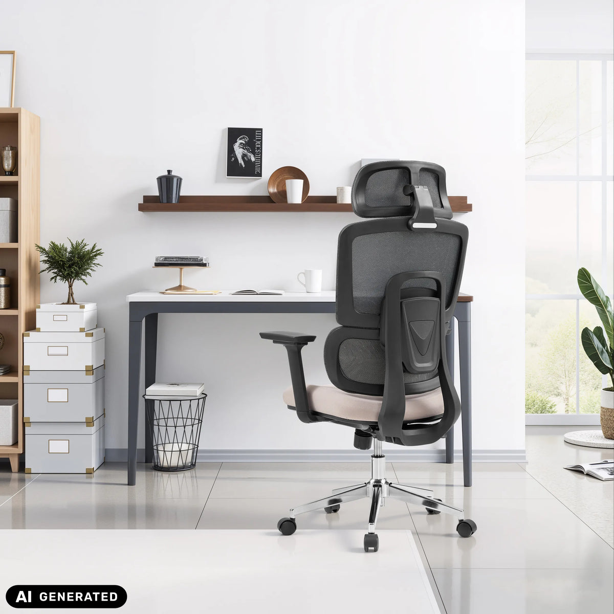 Sedia da ufficio professionale Ergomy Pro in grigio scuro e beige con schienale in rete di hjh OFFICE (immagine generata dall’IA)