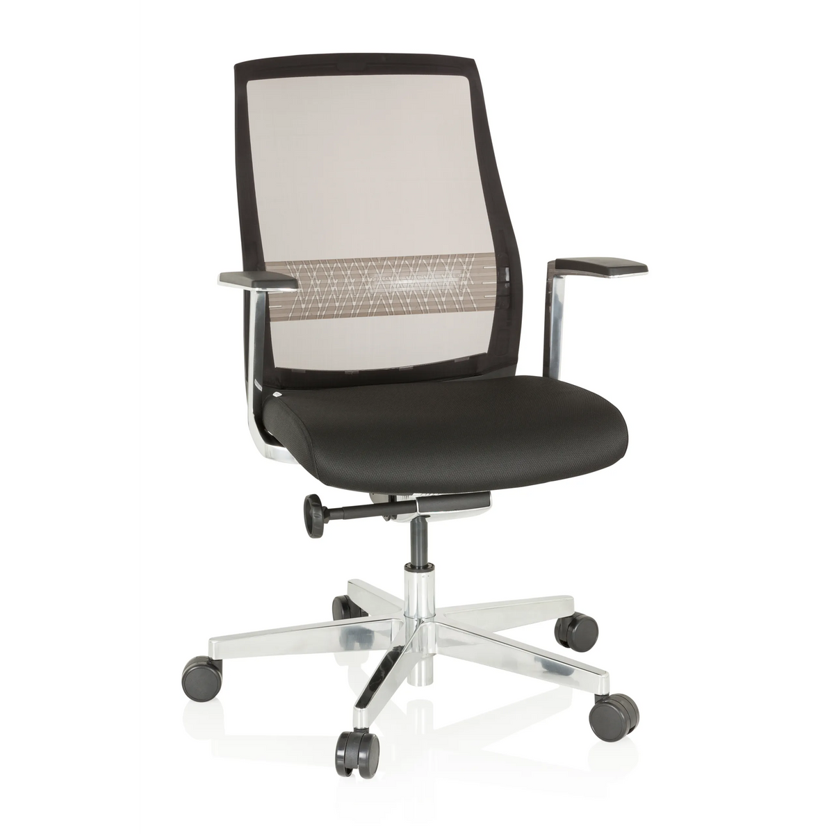 High-end Sedia da ufficio FOUNTAINE PRO nera con schienale in rete e base a cinque ruote di hjh OFFICE – vista a 360° (vista frontale 20°)