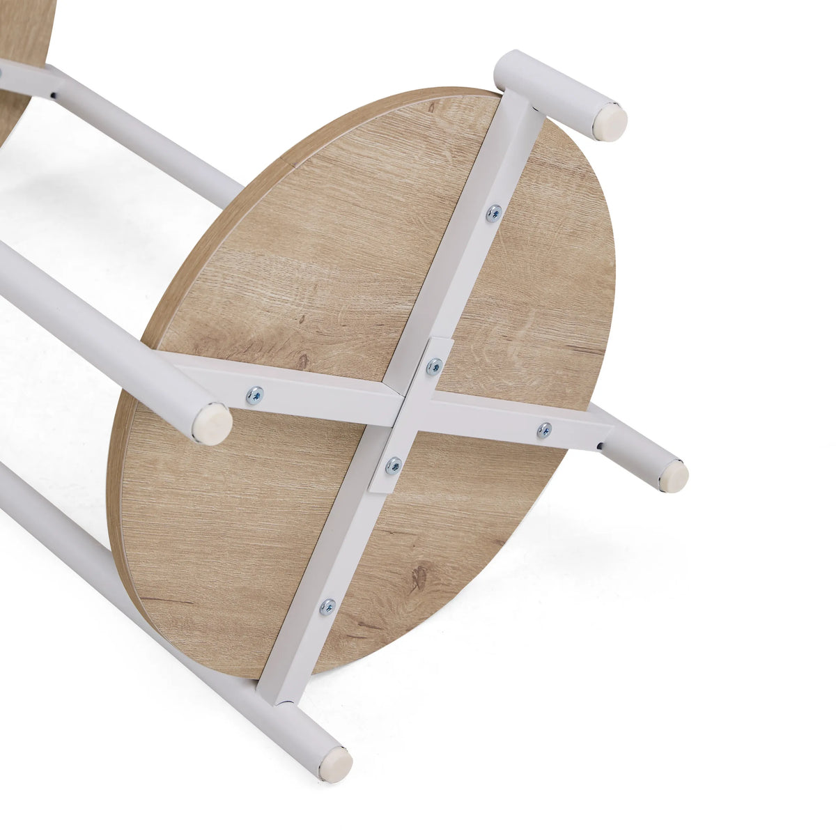 Parte inferiore del piano con struttura in metallo bianco del tavolino Nestup 1 in aspetto rovere di hjh LIVING