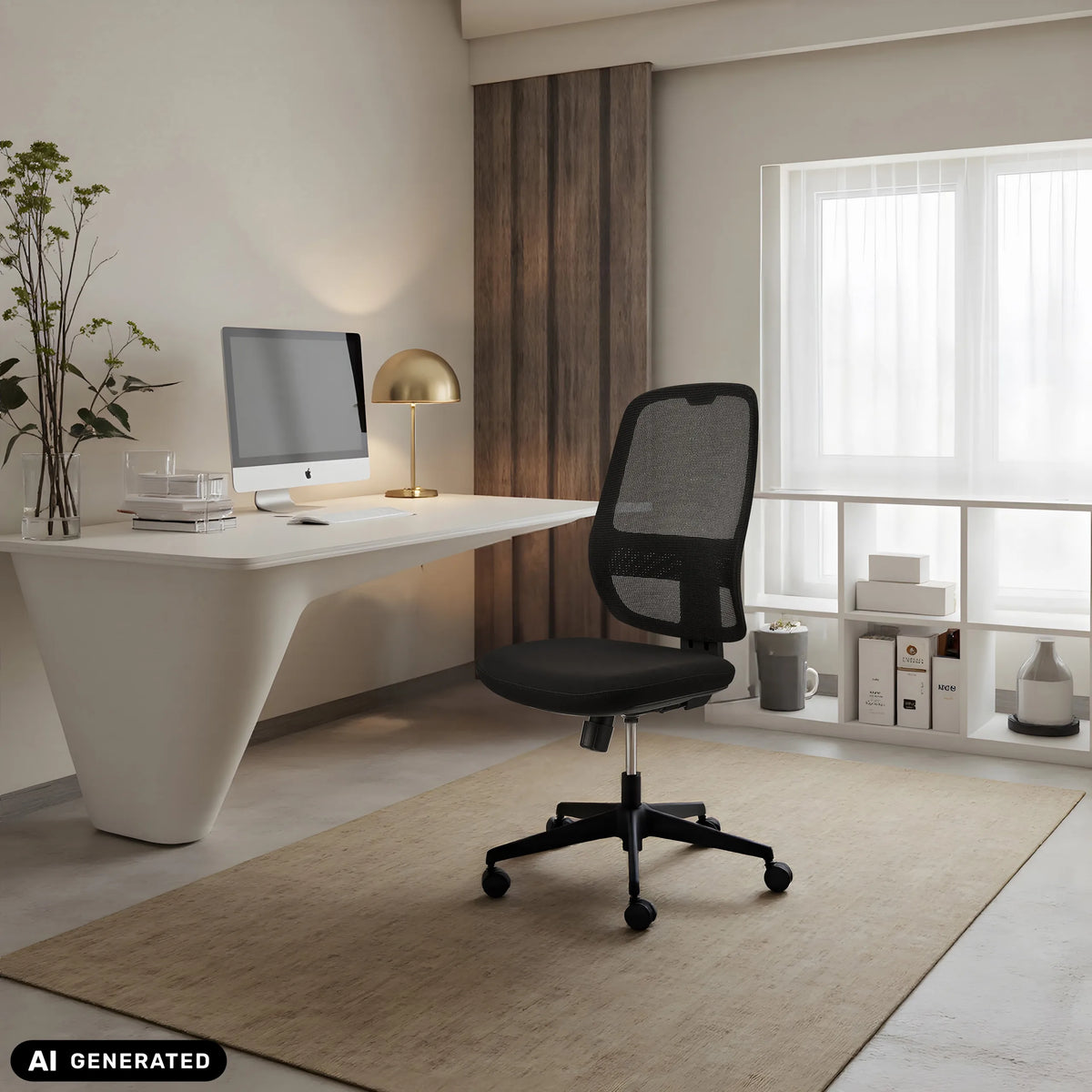 Sedia da ufficio professionale Minoro B nera con schienale in rete in un ufficio domestico luminoso di hjh OFFICE (immagine generata dall’IA)