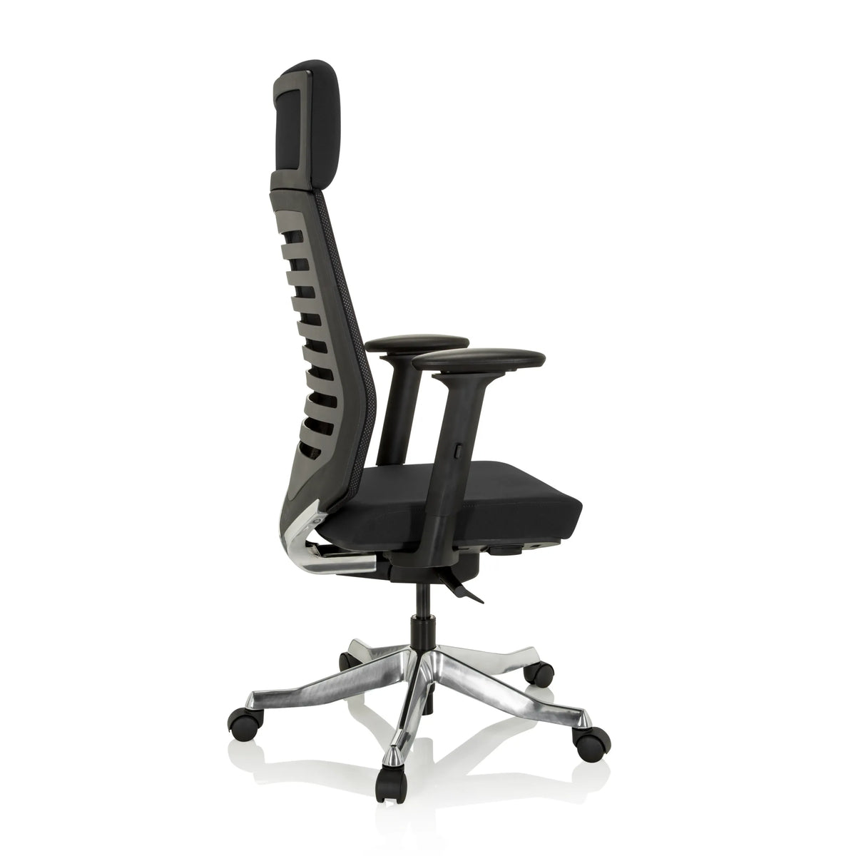 Sedia da ufficio professionale ASGON nera con schienale in rete e base a cinque ruote di hjh OFFICE – vista a 360° (profilo laterale 100°)