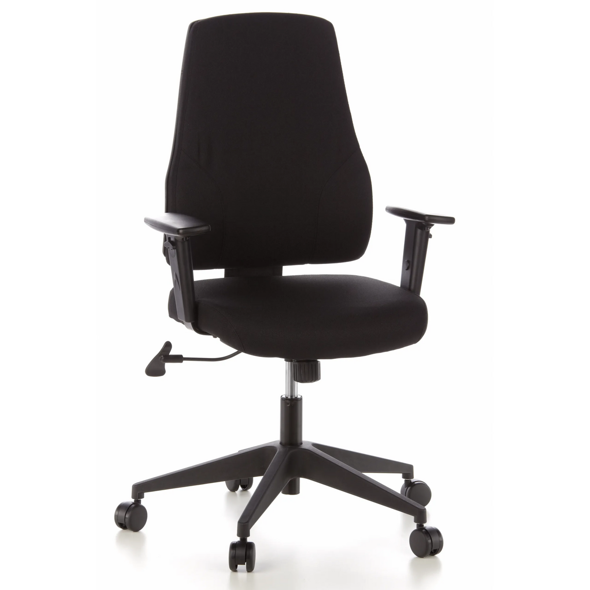Sedia da ufficio professionale PRO-TEC 100 nera con braccioli e base a cinque ruote di hjh OFFICE – vista a 360° (vista frontale 20°)
