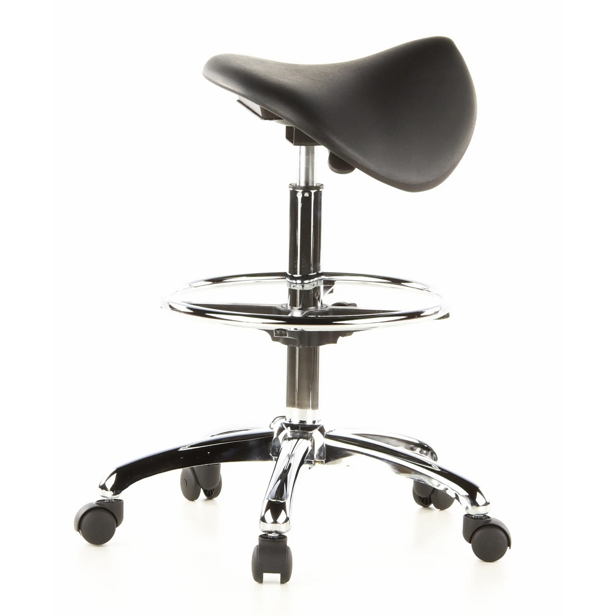 Sgabello a sella TOP WORK 13 nero con poggiapiedi e base a cinque ruote di hjh OFFICE – vista a 360° (profilo laterale 100°)
