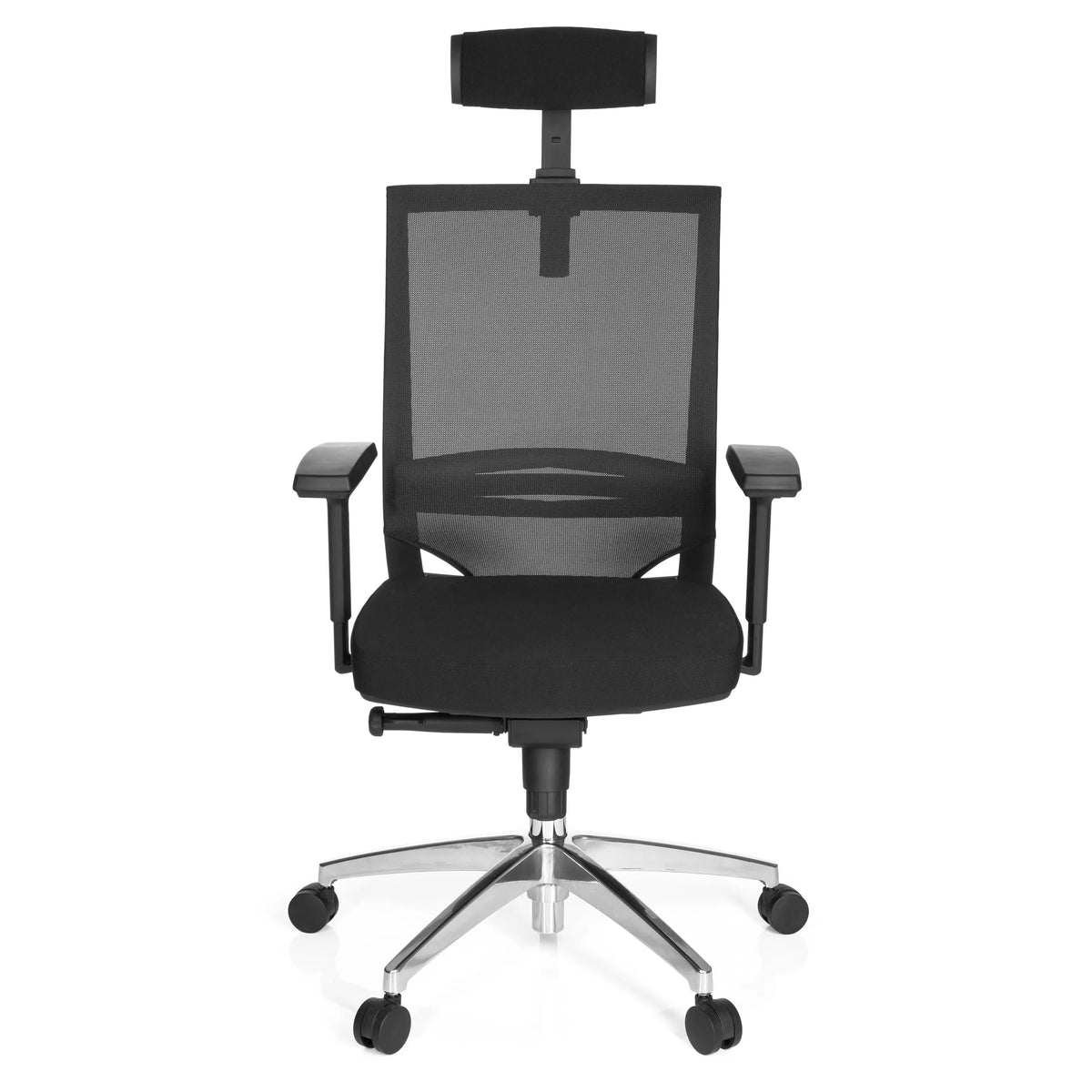 Sedia da ufficio professionale PORTO MAX HIGH nera con schienale in rete, poggiatesta e base argentata a cinque ruote di hjh OFFICE – vista a 360° (vista frontale 0°)