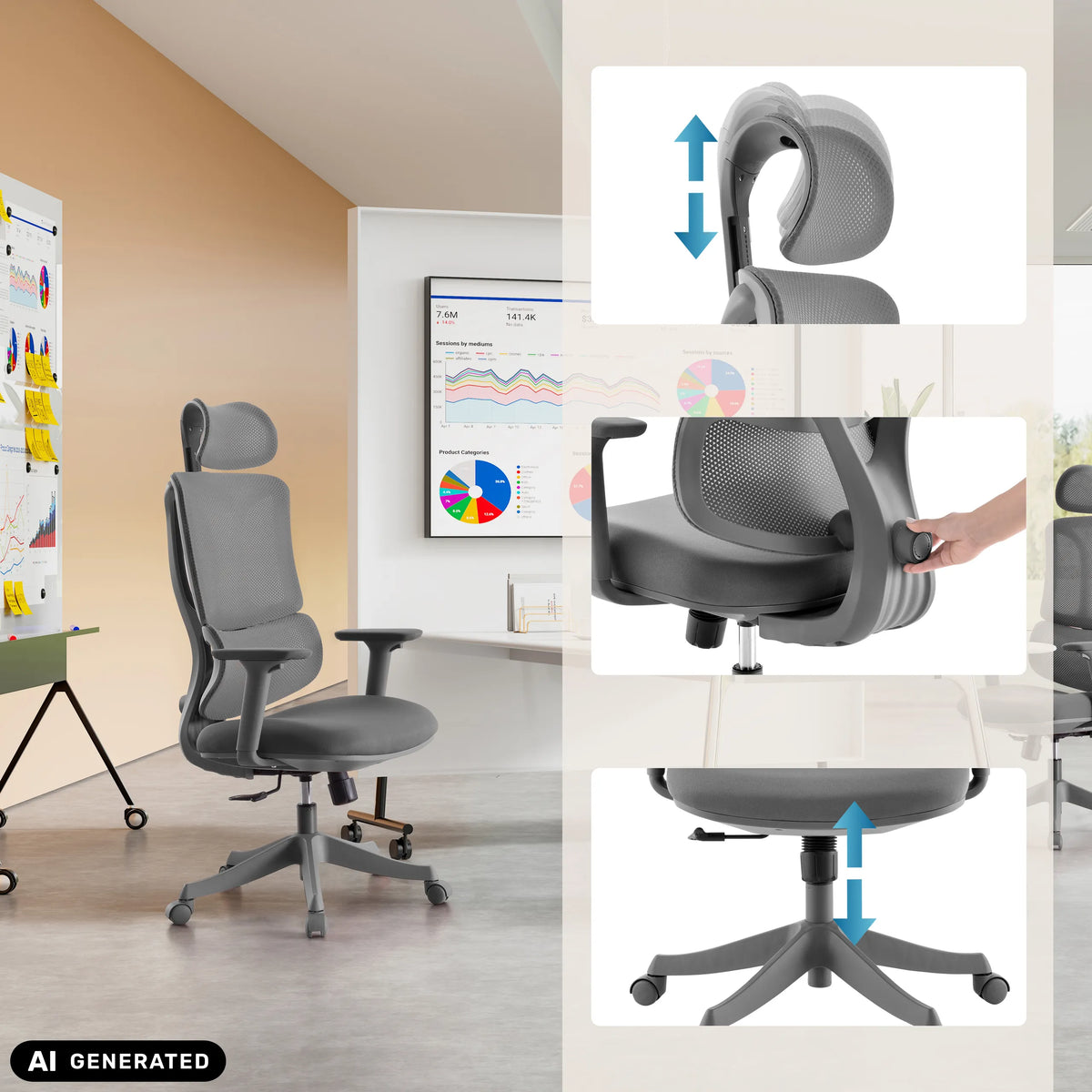 Poggiatesta, schienale e altezza del sedile regolabili della sedia Home Office Ergomy Colore di MyBuero (immagine generata dall’IA)