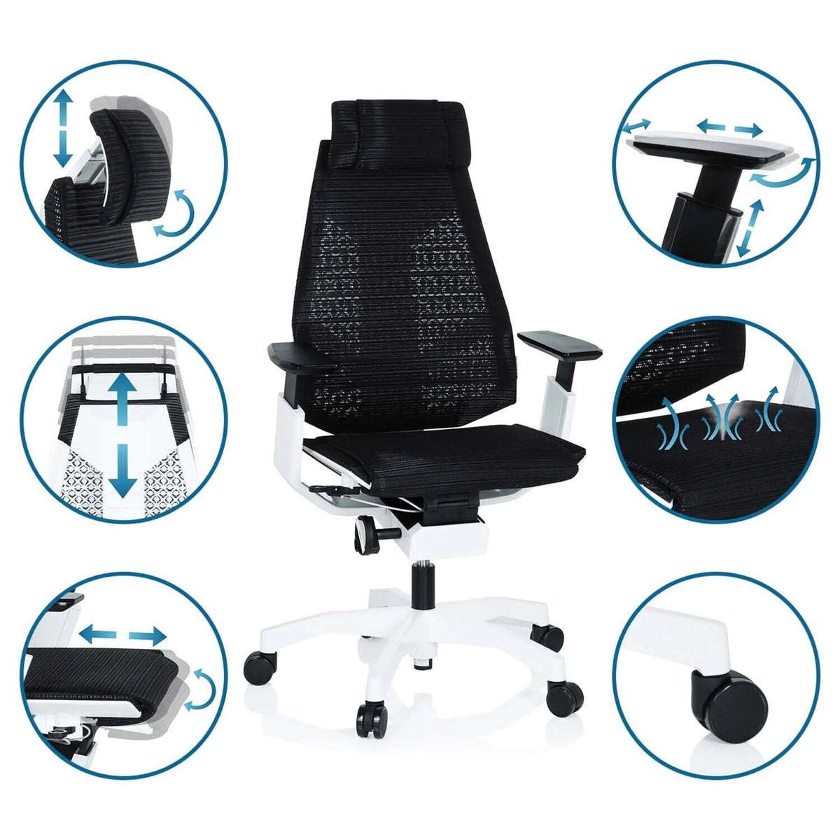 Sedia da ufficio high-end GENIDIA PRO WHITE in nero con diverse opzioni di regolazione e viste dettagliate di hjh OFFICE