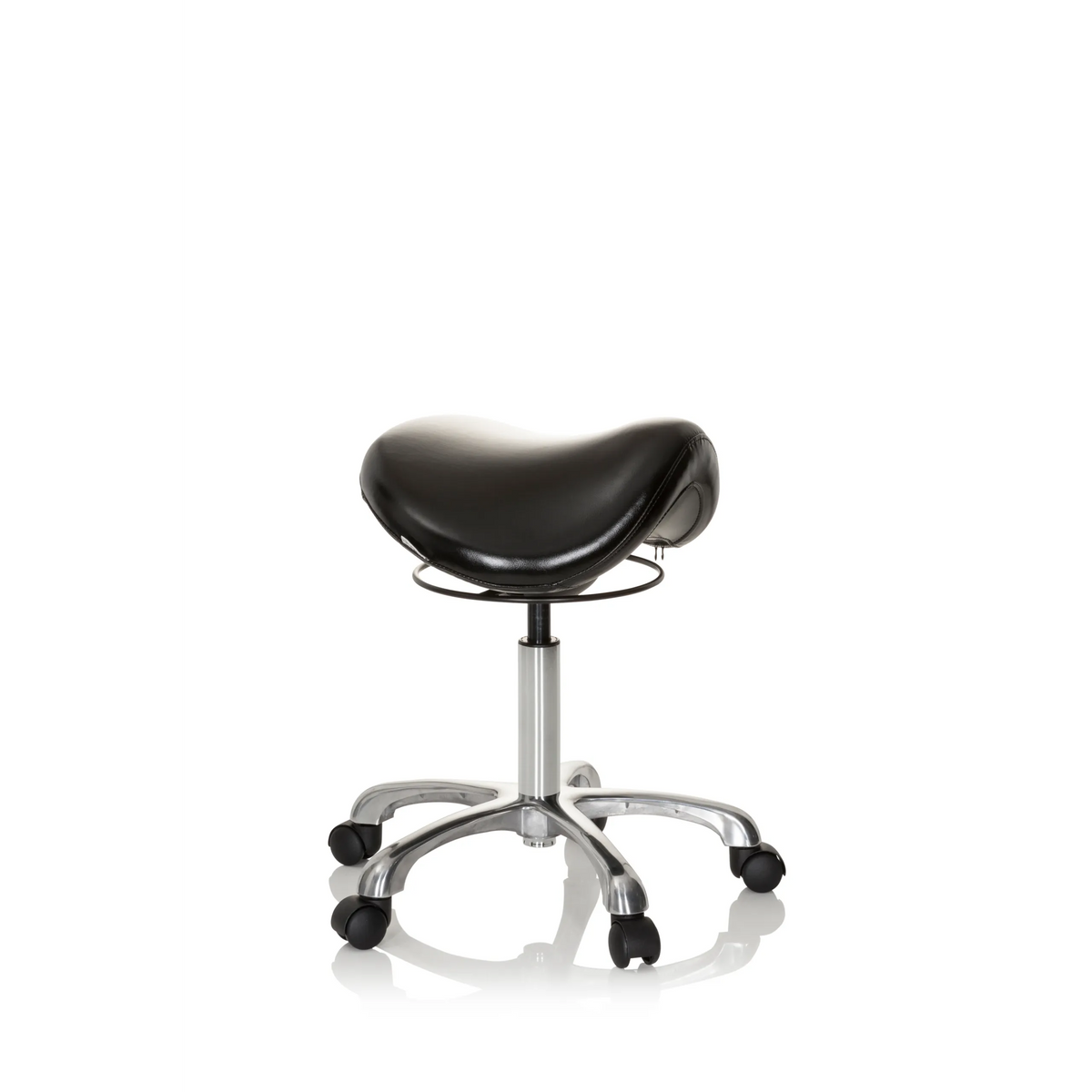 Sgabello a sella ORTHO SIT nero con crociera per i piedi e cinque ruote di hjh OFFICE – vista a 360° (vista frontale a tre quarti 60°)