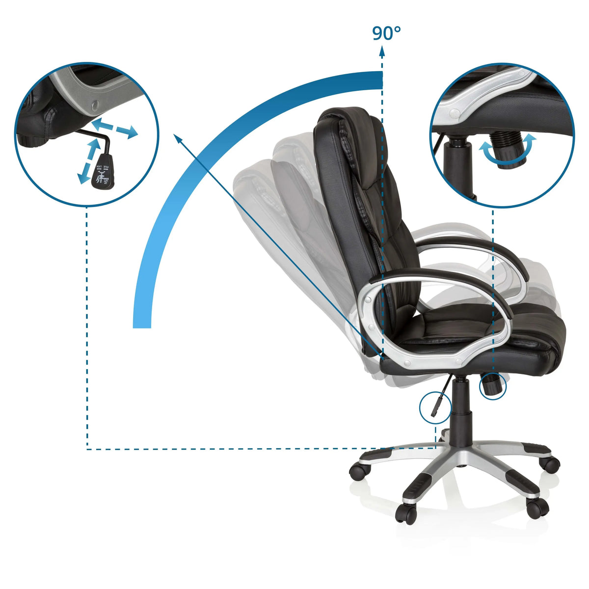 Meccanismi di regolazione e funzione di inclinazione fino a 90 gradi della poltrona Home Office RELAX BY155 di MyBuero