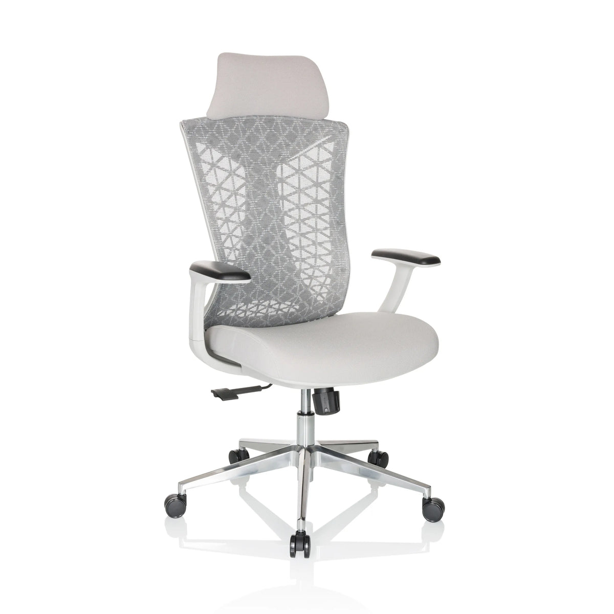 Sedia da ufficio professionale FALEO W grigia con schienale in rete e base a cinque ruote di hjh OFFICE – vista a 360° (vista frontale a tre quarti 30°)