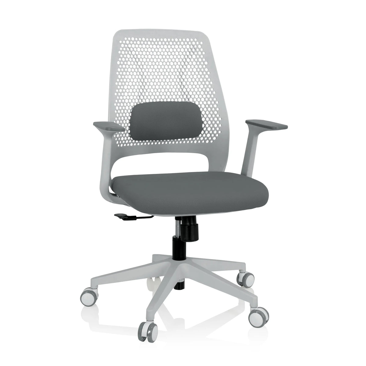 Sedia Home Office PARFERIO W grigia con schienale in rete e base a cinque ruote di hjh OFFICE – vista a 360° (vista frontale 20°)