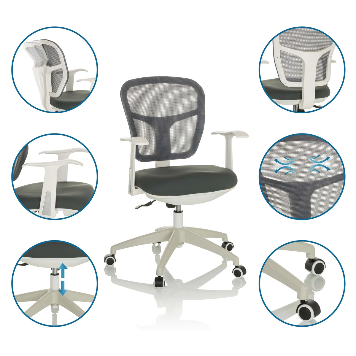 Sedia Home Office TOP 108 W in grigio con viste dettagliate dello schienale, dei braccioli e del pistone a gas di hjh OFFICE