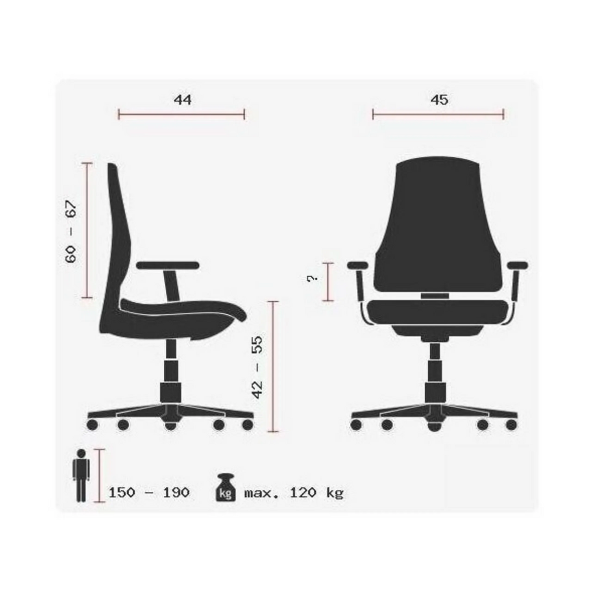 Disegno tecnico della Sedia da ufficio professionale ERGO SYDNEY con una portata massima di 120 kg di Topstar