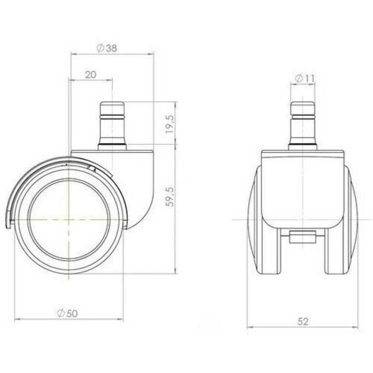 Disegno tecnico della rotella per sedia 5x ROLO 11mm/50mm con un diametro della ruota di 50 mm di hjh OFFICE
