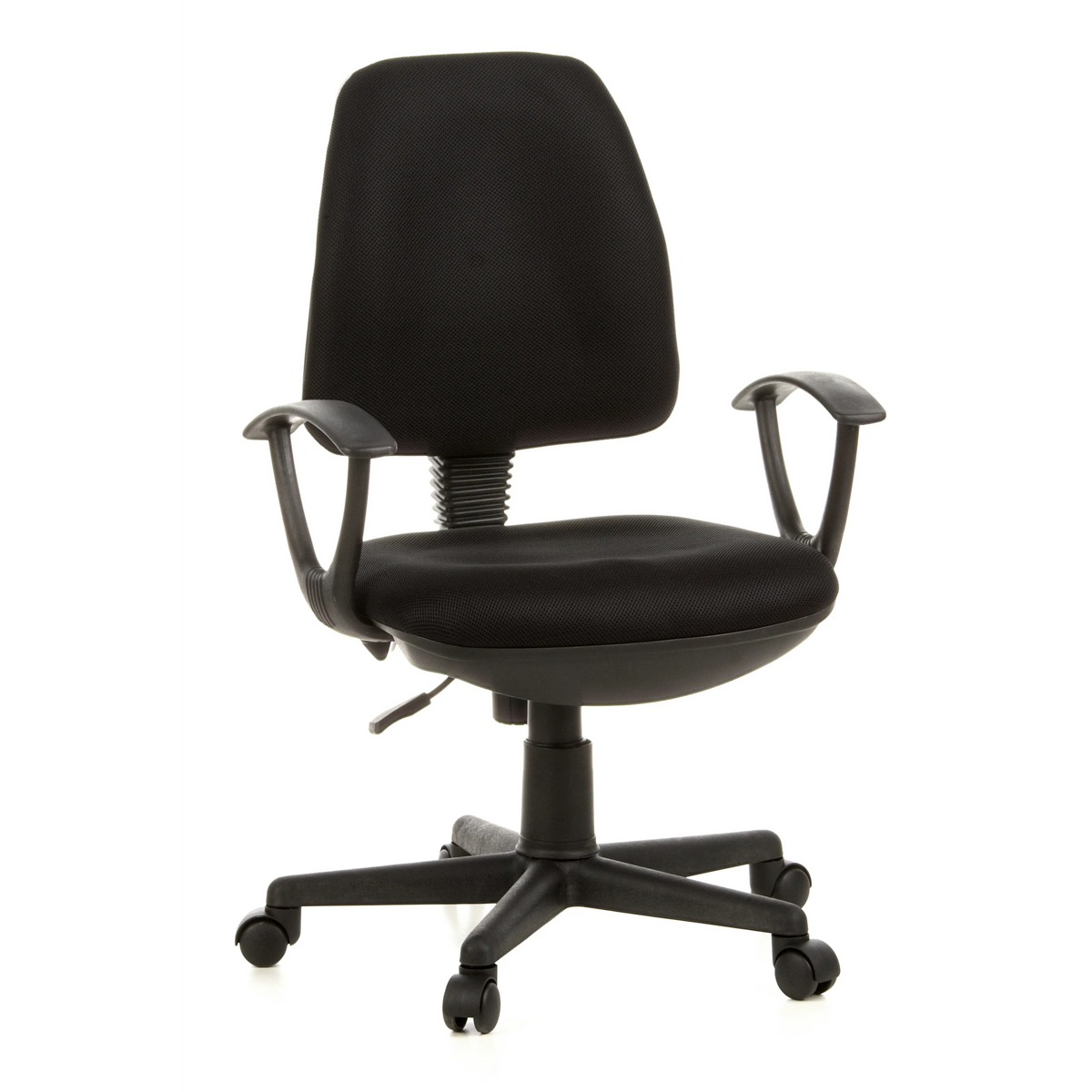 Schwarzer Homeoffice-Bürostuhl CITY 10 mit Netzrücken, Armlehnen und Fußkreuz mit fünf Rollen von hjh OFFICE – 360-Grad-Ansicht (Frontansicht 20°)
