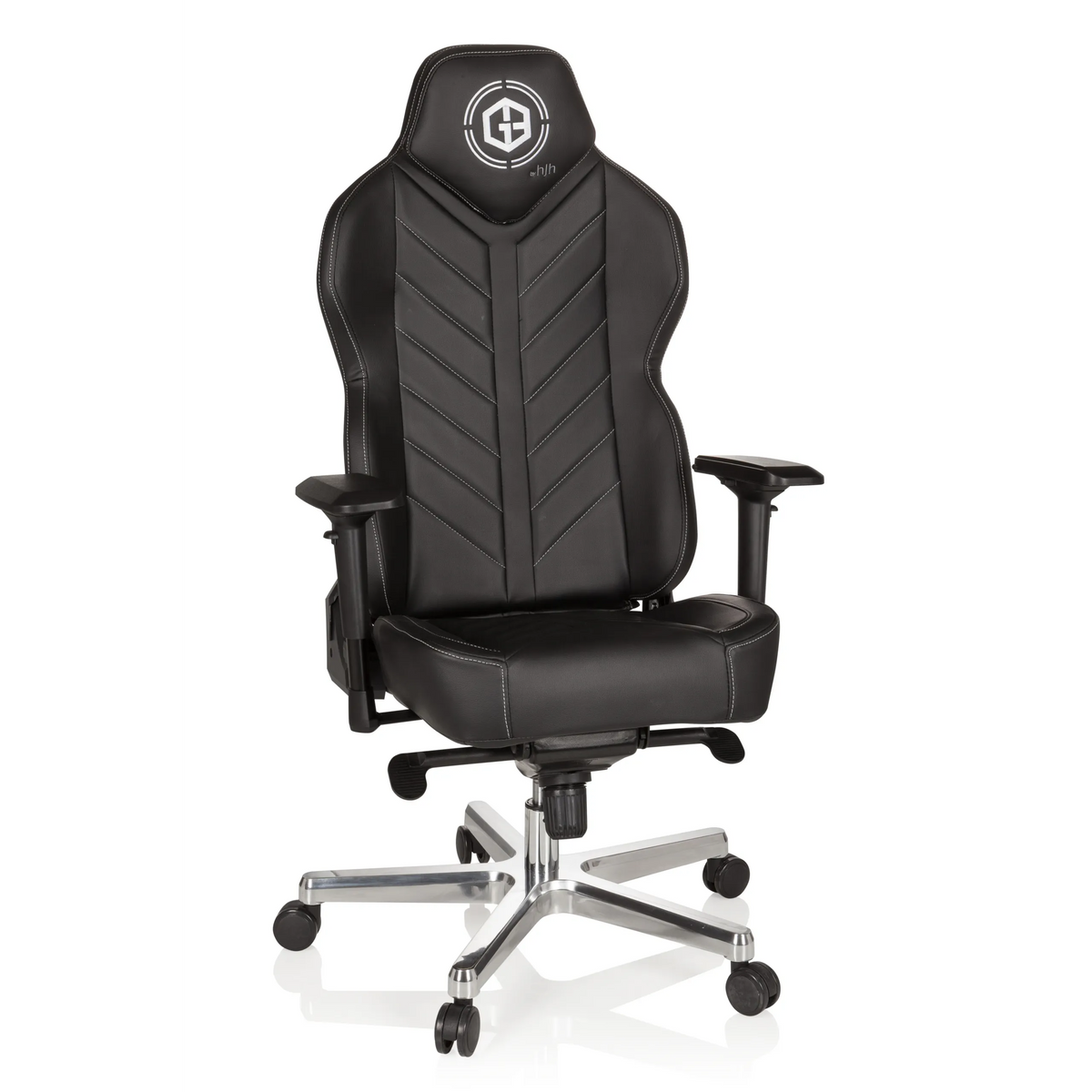 Sedia da gaming GAMEBREAKER COLOSSUS nera con braccioli e base lucida a cinque ruote di hjh OFFICE – vista a 360° (vista frontale 20°)
