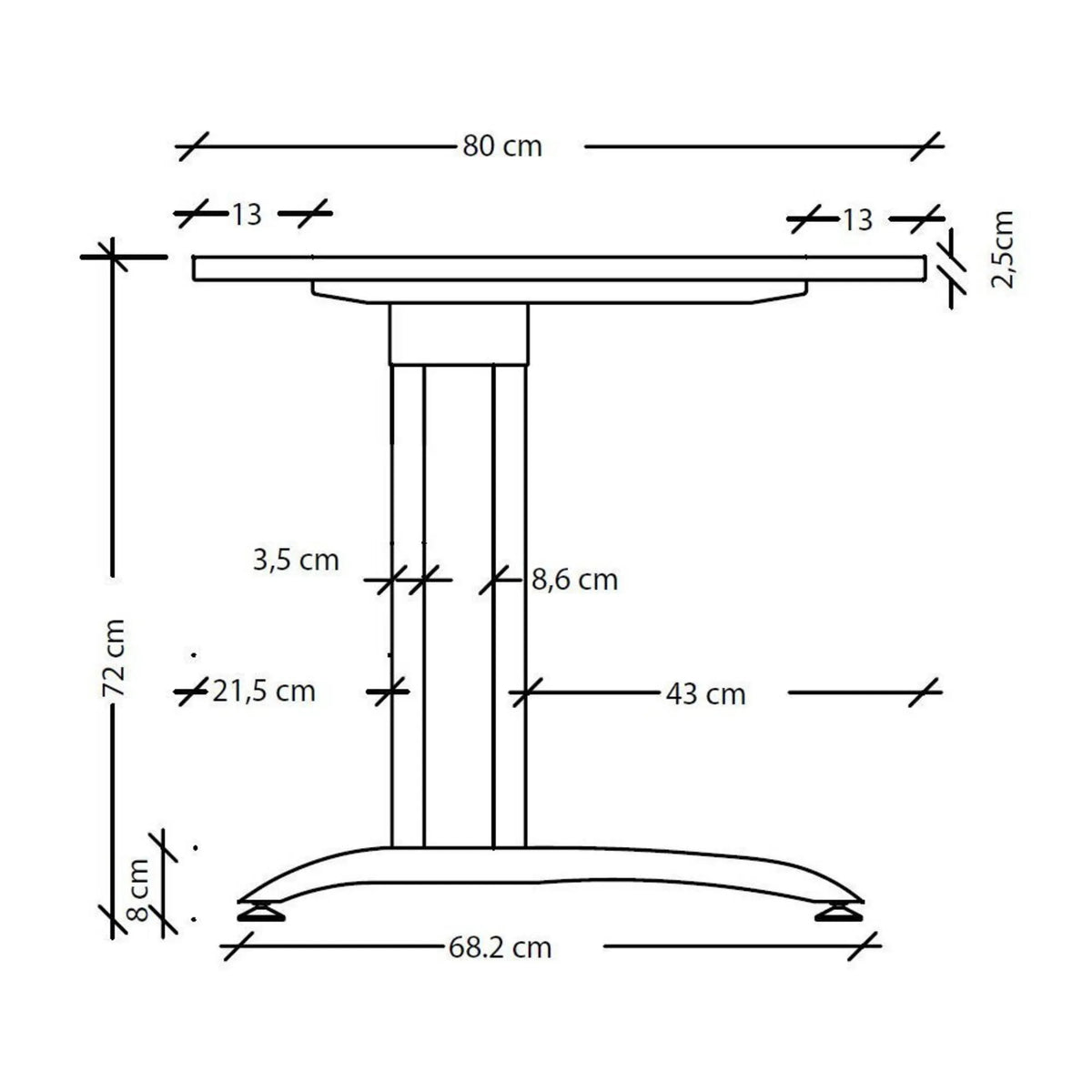 Disegno tecnico della scrivania BELA 8 S con una larghezza di 80 cm e un'altezza di 72 cm di hjh OFFICE PRO