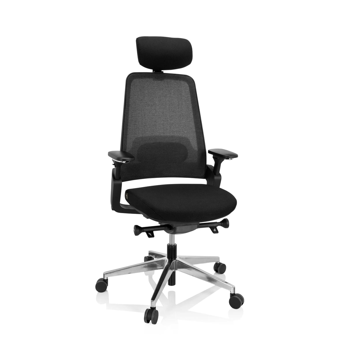 Sedia da ufficio professionale BRACIO nera con schienale in rete, poggiatesta e base a cinque ruote di hjh OFFICE – vista a 360° (vista frontale 20°)
