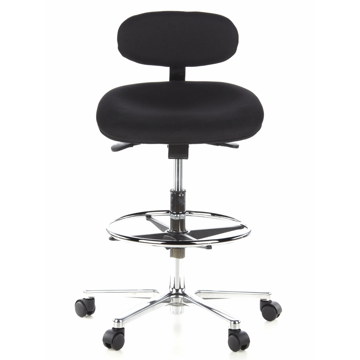 Sedia da banco WORK MF nera con poggiapiedi e base a cinque ruote di hjh OFFICE – vista a 360° (vista frontale 0°)