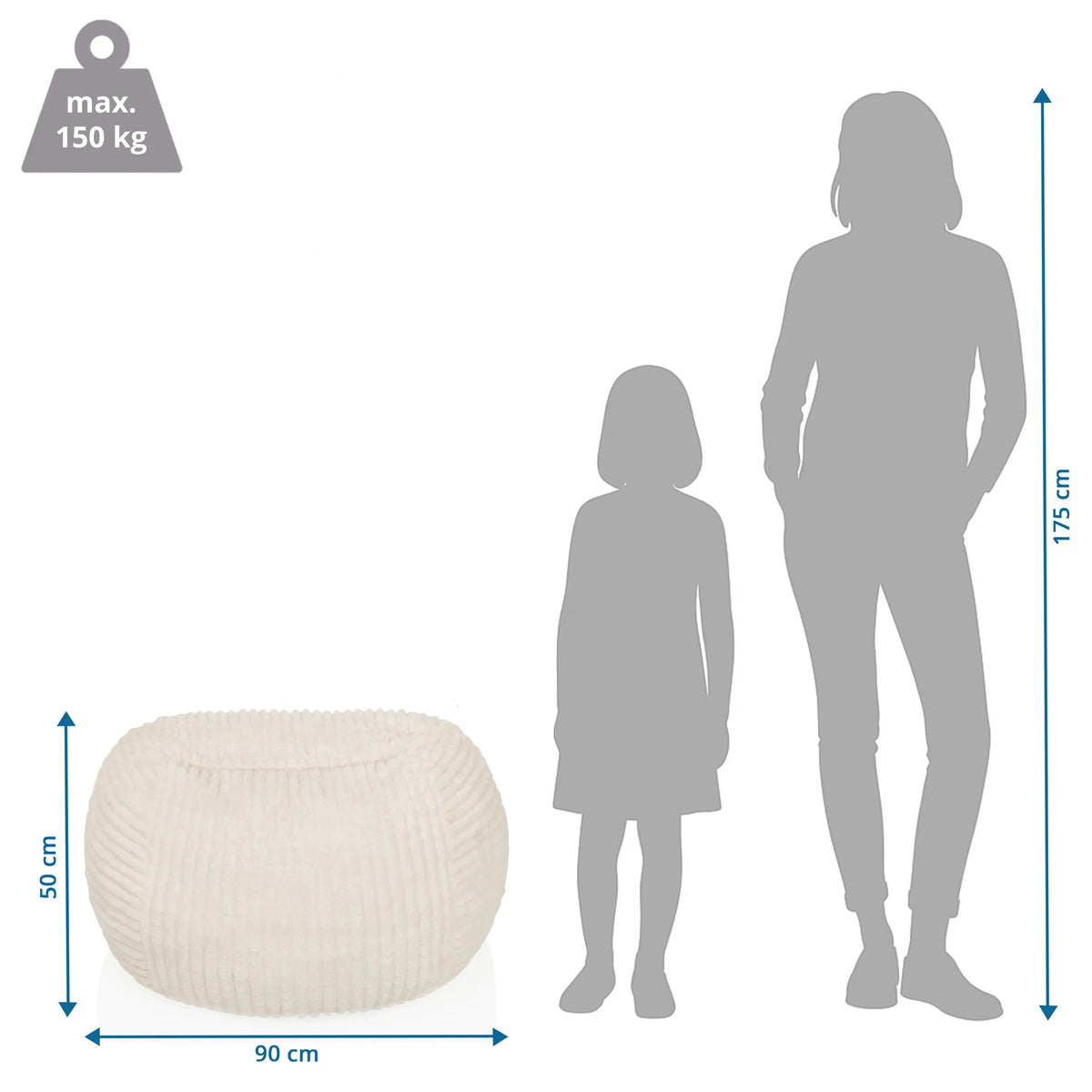 Disegno tecnico del Pouf a sacco Sitzolo R con 90 × 50 cm e carico massimo di 150 kg di hjh LIVING