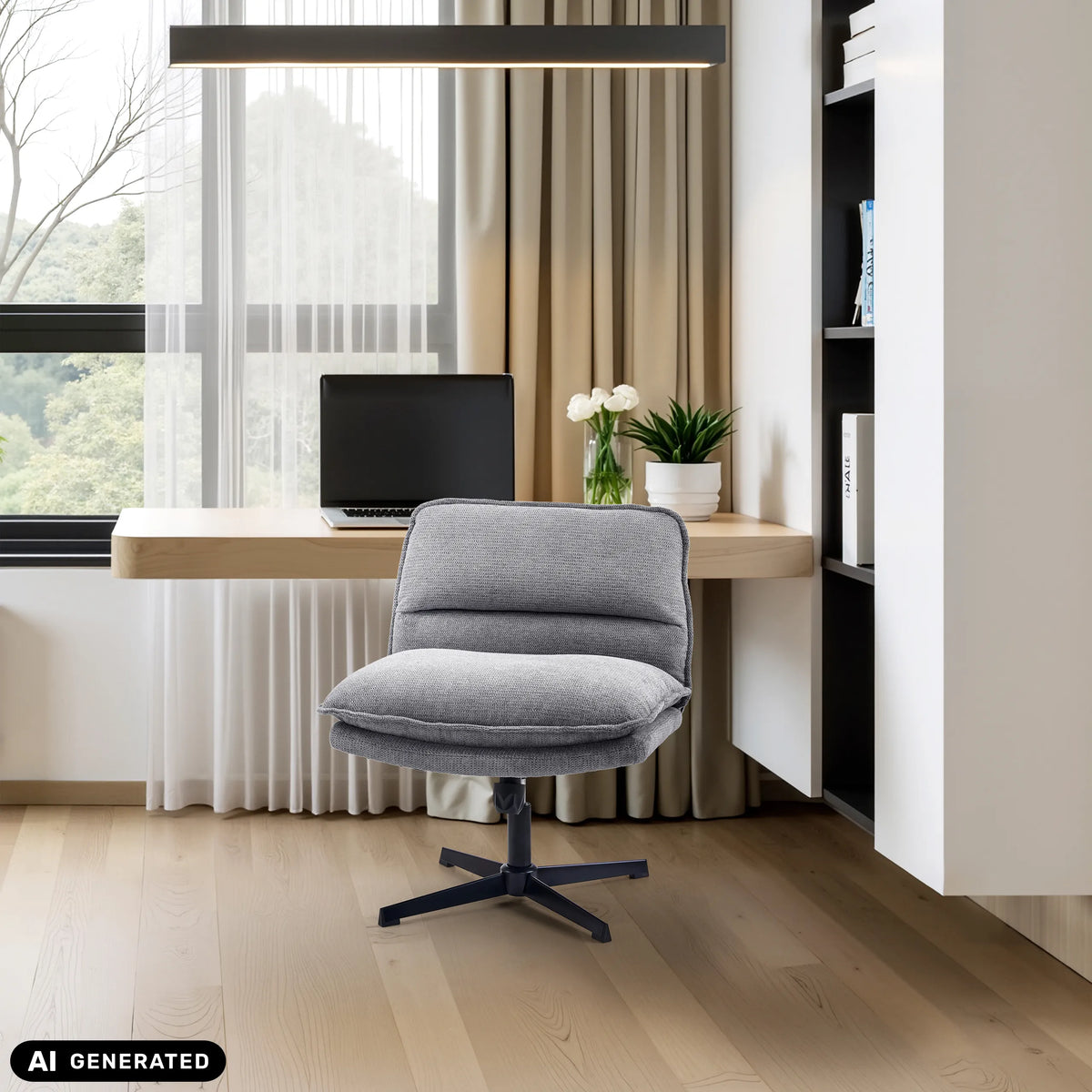 Poltrona Lounge Criss-Cross 20 grigio scuro davanti a una scrivania di hjh LIVING (immagine generata dall’IA)